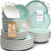 Ibiza Stoneware Dinnerware Set for 6 People 24 Pieces - Mediterranean Dinnerware Set - Dishwasher, Microwave and Scratch Resi