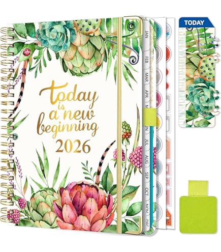 NEYSA Agenda 2026 Semainier Spirale, Jan- Déc 2026 (12 Mois) A5 Agenda Scolaire Avec Boucle De Stylo, Autocollants De Plan & Onglets Mensuels, Pochette -21 X 15 Cm (Vert