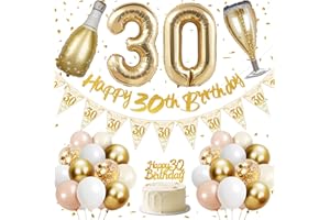 LYUET 30th Birthday Decorations, Happy 30th Birthday Banner, 40 inches 30 Foil Balloons, Champagne Golden Bottle and Glass, Gold, Pink, White and Confetti Balloons, 30th Party Decorations for Women