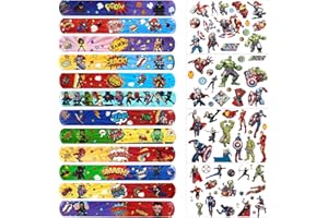 MERAYAS Slap Bracelets à Claquer Tatouage Set 16 Pièces, 12 Bracelets à Claques pour Enfants, 4 Tatouages Temporaires pour Enfants, Cadeaux D'anniversaire pour Garçons et Filles
