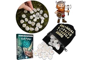 MAJESTIC'S Rune Celtiche Vichinghe Cristallo di Rocca, Set x25 Pietre Lucide Semi Preziose Incise (2 cm x 1 cm) + Sacchetto Nero + Libro Pratico (PDF) - Alfabeto runico Futhark per divinazione e cartomanzia