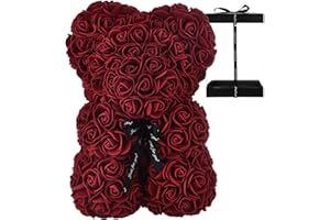 NWSX Rosenbär - Rose Teddybär auf jedem Rosenbären - Blumenbär Perfekt für Jubiläen, Mütter - Klare Geschenkbox inklusive! 10 Zoll groß (10in, Wine red)