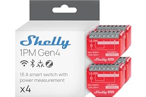 Shelly 1PM Gen4 - Interrupteur Matter, Zigbee, Wi-Fi, 1 Canal 16A, Mesure de consommation électrique, Éclairage connecté, Contrôle app, Compatible Apple Homekit, Alexa, Google, SmartThings - Lot de 4