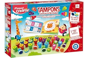 Maped Creativ- Lettres et Animaux Loisirs Créatifs pour Enfants dès 3 ans-52 Tampons Pré Couleurs Variées, 1 Livret Educatif et 6 Feutres-Encre Lavable, J41577, Multicolore