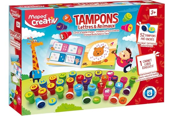 Maped Creativ- Lettres et Animaux Loisirs Créatifs pour Enfants dès 3 ans-52 Tampons Pré Couleurs Variées, 1 Livret Educatif et 6 Feutres-Encre Lavable, J41577, Multicolore