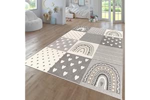 TT Home Tappeto Bambini Cameretta Bambina Ragazzi Moderno Arcobaleno Nuvola Motivo Con Animale Colorato, Colore:Grigio Beige, Dimensione:133x190 cm