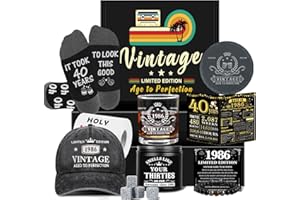 Amosking 40th Birthday Gifts for Men, Unique Gift Ideas for 40th Birthday Men Who Have Everything, 1986 40 Year Old Gift Baskets for Man Whiskey Glass Baseball Cap Candle Socks Toilet Paper