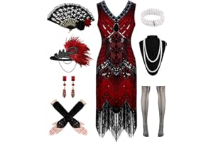 WILDPARTY 1920s Dresses for Women, Flapper Dress Lace Fan Fether Headband Sequins Beads Fringes 20s Accessories Vintage Mafia Costume