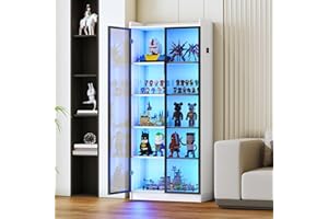 Gurexl 65" Display Cabinet with Acrylic Door, LED Bookcase with Human Sensor 3-Color Lights, 5-Tier Curio Storage Cabinet with Adjustable Shelf for Collectibles,Bedroom,Living Room,Office,White