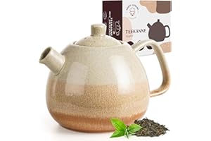 Happy Lemuro Große Teekanne mit Siebeinsatz - 1,4 l - Teekanne Keramik - moderne Tee Kanne mit Sieb für losen Tee, robust & aromaneutral (Beige)
