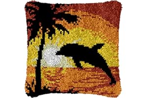 LDFHOIN DIY Latch Hook Cushion Set, Latch Hook Set, Cushion Cover, Latch Rug Set, Cushion Latch Hook Kit, Handmade Gifts for Children and Adults, Dolphin, 43 x 43 cm