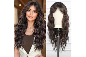 Esmee Długa Fala Mieszany Brąz Peruka dla Kobiet z Grzywką W Kurtynkę Naturalne Włosy Syntetyczne Peruki na Codzienne Użytkowanie Imprezy