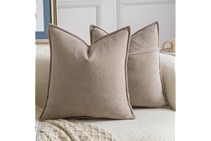 Madizz Juego de 2 Suave Chenilla Decorativo Funda de cojíns con Borde Neutras Fundas de Almohada Boho para Sofá Dormitorio Salón Taupe Claro Cuadrado 40 x 40 cm