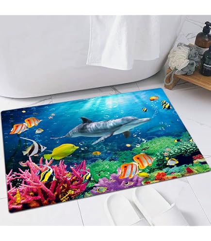 3D-Badematte ‚Blauer Delphin‘ – Saugfähig, Rutschfest, Mit Memory-Schaum & Flanell, Für Badezimmer, Küche, Schlafzimmer (150x61cm, Waschbar)