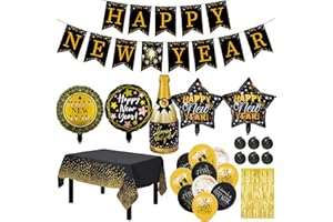 Silvester Deko Set, 34 Stück Silvester Dekorationen, Black Gold New Year Decoration, Silvester Deko Banner, Happy New Year Girlande Aluminium Foliensilvester Ballons Deko Silvester Party Accessoires