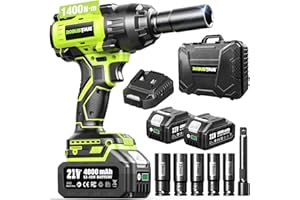 ROBUSTRUE Atornillador de impacto inalámbrico de 1200 Nm, 1/2 High Torque Brushless Impact Gun, 2300 RPM Power Impact Wrench, 2 baterías de 5,0 Ah, cargador rápido, Pistola de Impacto para camiones pesados RV