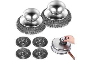 YOLEV Stalowa myjka do naczyń z uchwytem, szczotka z wełny stalowej z 4 wymiennymi podkładkami drucianymi ze stali nierdzewnej, szorowarka do garnków i patelni, 2 szt