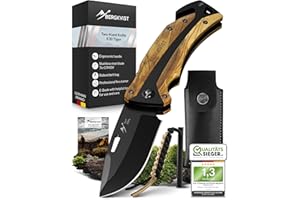 BERGKVIST® K30 Tiger coltello pieghevole (coltellino tascabile a due mani) con manico in legno per la sopravvivenza, la caccia e il campeggio - 3-in-1 coltello da tasca con tagliacinture e rompivetro