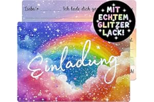 JOYEASE 12 Stück Glitzer Regenbogen Einladungskarten Kindergeburtstag Mädchen, Einladungskarten Geburtstag, Einladung Kindergeburtstag Mädchen, Partyeinladungen Geburtstagseinladungen Kinder