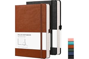 ‎RETTACY RETTACY Notebook A5 Hardcover, Lined, Pack of 2 - Thick Journal with 376 Numbered Pages, 100 g/m² Paper, 8 Perforated Sheets, Pen Loop, Inner Pocket - Black Brown