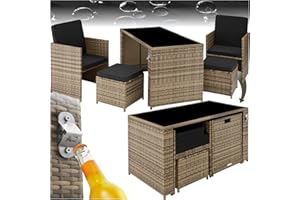 TecTake® Salottino in Rattan Palermo, Set Sedie con Cuscini, Tavolino Salotto con Lastra in Vetro, Design Funzionale, Imbottitura Idrorepellente, Resistente ai Raggi UV - Naturale