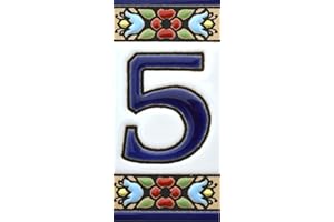 ART ESCUDELLERS Numero casa.Insegna con numeri e lettere fatte di piastrelle ceramica dipinte a mano con la tecnica "cuerda seca", nomi indirizzi e segnaletica. Disegno FLORES MINI 7,3 cm x 3,5 cm (NUMERO CINQUE "5")