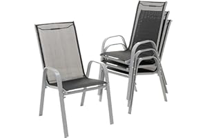 NEXOS TRADING Nexos Set of 4 Stackable Garden Chairs, High-Backed Patio Chairs, Garden Furniture, Textile, Steel, Stackable, Colour: Grey frame, black upholstery.