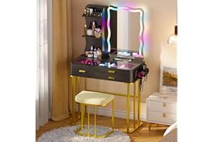 Lvifur Toletta da Trucco con Specchio LED, Toilette Trucco con Sgabello, uno Spazio di Archiviazione Della Sedia di Ricarica Wireless, Asciugacapelli a Rastrelliere Rossetto Camera da Letto