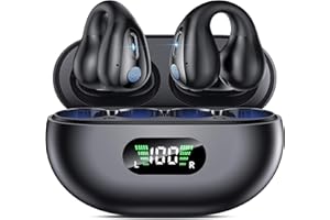 BOYTOND Open Ear Clip Wireless Earbuds Bluetooth 5.3, Sports Earphones Built-in Microphone with Earhooks & Ear Hook, Wireless Charging Case & Display, Waterproof Fitness Headphones for Sports,Black