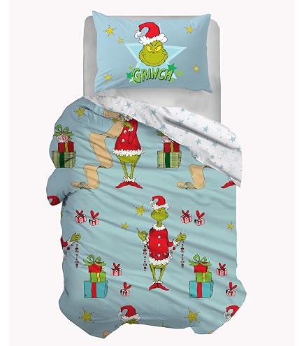 Parure De Lit Simple 100% Coton Motif Grinch - Drap Housse + Drap Plat + Taie, Lavable Machine, Cadeau Noël - 9