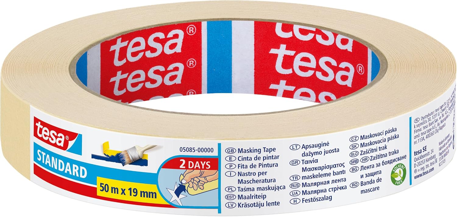 tesa Cinta de Pintar STANDARD, Cinta de Pintor, Removible Sin Residuos hasta 2 Días Después, Sin Disolventes, Ancha, 50 m x 19 mm