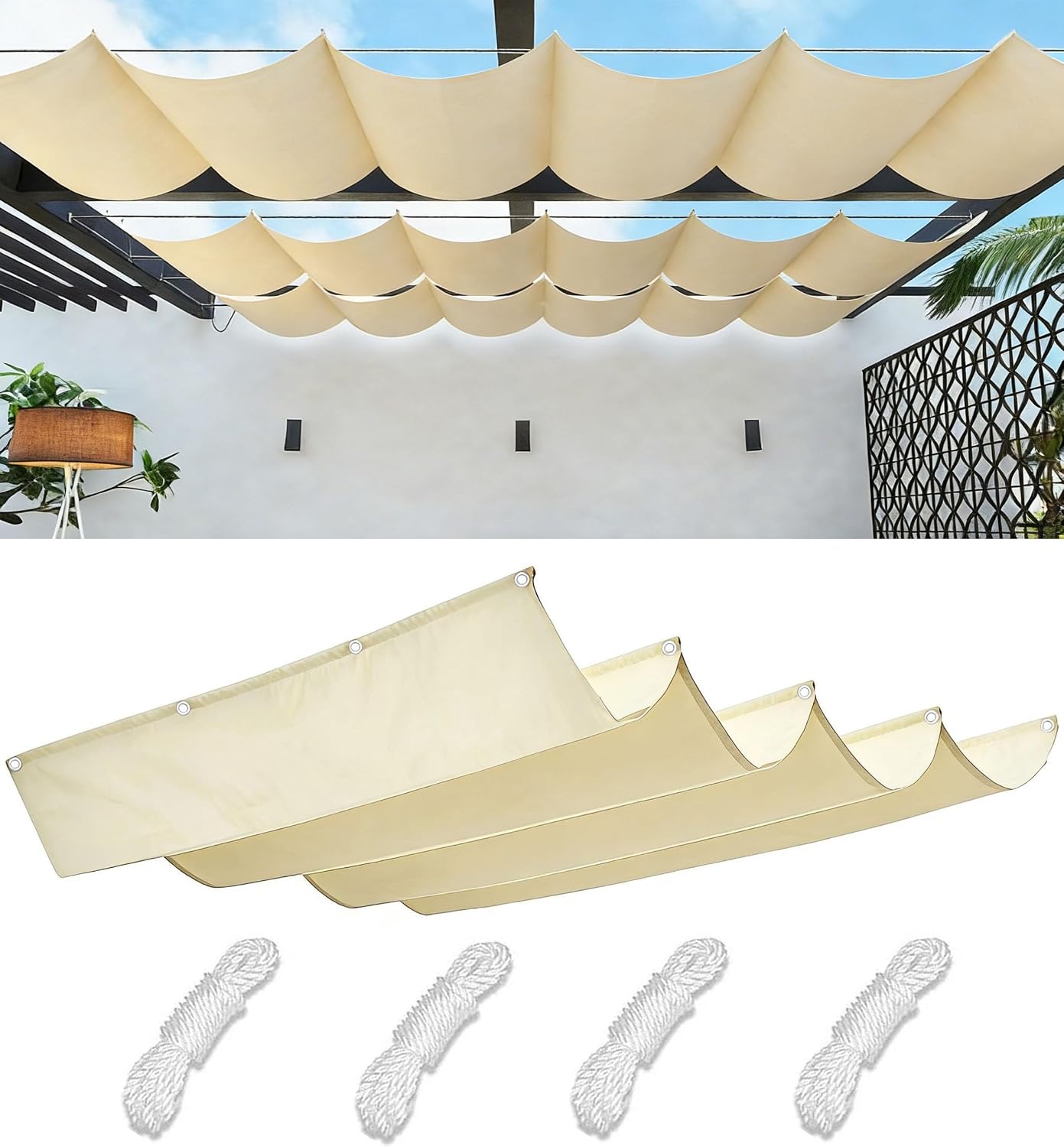 Retractable Wave Sun Shade Sail Rectangle Waterproof Sun Shade for Outdoor Garden UV Block Sunshade Cloth Canopy with Rope for Yard Deck Lawn Garden Patio Carport 0.9x3.5M Cream