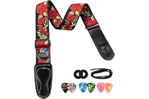 LEKATO Pasek do gitary, elektryczny pasek do gitary akustycznej, pasek do gitary z 6 kostkami gitarowymi i 2 zamkami pasków, wzór haftu kwiatowego, do gitar akustycznych i elektrycznych