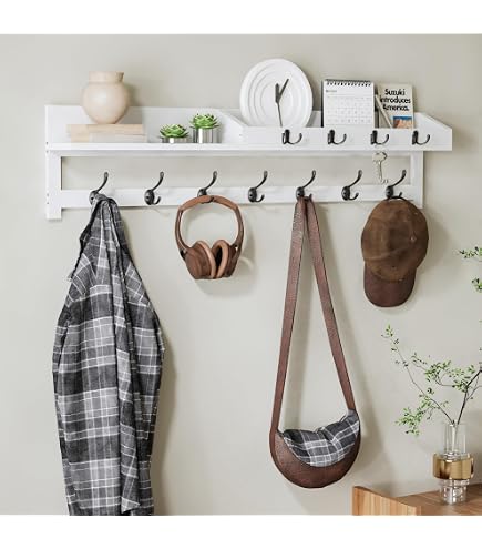 Wandgarderobe Aus Kiefernholz Mit 4 Doppelhaken – Weiß, 40,6x12,7x10,2 Cm, Mit Ablage Für Flur, Bad, Schlafzimmer