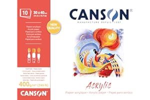 Canson Acrylic, Blocco Carta per Colori Acrilici Grana Telata 30x40 cm, 400gm, 10 Fogli, Collato un Lato