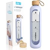 Bouteille D'Eau 1L Motivation Verre Borosilicaté Avec Marqueur Temps - Gourde Hermétique Couverture Bambou Gris