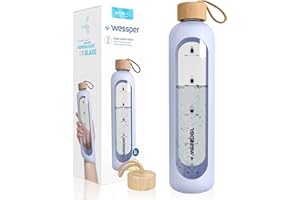 Wessper Bouteille d’eau 1L de Motivation en verre avec temps horaire, Sans BPA, Gourde en verre hermétique 1000 ml avec couvercle en bambou réutilisable avec housse en silicone – Violet