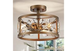 WUZUPS Lustre en feuille de cristal 3 lumières Vintage Ferme Industriel Semi-encastré Plafonnier Luminaire moderne Foyer Couloir Salle de rangement Cuisine Salle de bain, H 22 L 30, Bronze huilé