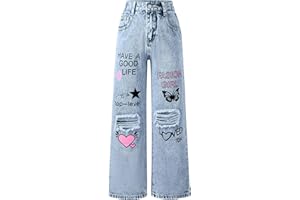 Maeau Girls Jeans Distressed Ripped Denim Jeans Elastic Waist Straight Wide Leg Denim Pants Kids Casual Baggy Vintage Streetwear