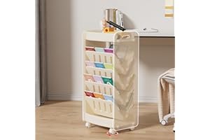 hoopyosms Libreria Mobile per Bambini con Ruote, Carrello per Libri a 6 Livelli, Portalibri Bambino, Scaffale per Libri Double-Face, Stile Montessori, Salvaspazio, Grande Capacità, Beige