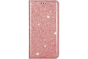 Unichthy iPhone 12 Pro Max Case All Glitter Flip Case for Women Solid Sparkly PU Leather Bling Wallet Phone Cover Card Slots Stand Magnetic Closure Shockproof Shell for iPhone 12 Rose Gold