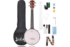 Mulucky 4-String Banjo Ukulele | Banjolele 23" Sapele Wood with Remo Head & Nylon Strings | Dark Brown Travel Kit (Bag, Tuner, Picks) - MBU-808