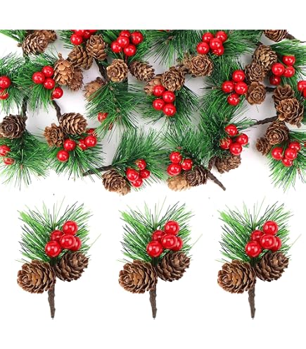 8 Weihnachtsspieße Mit Roten Beeren & Tannenzapfen – Künstliche Zweige, Je Ca. 20 Cm, Für Kränze, Girlanden & Festliche Deko