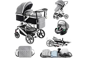 Lnhcrbs Poussette 3 en 1, Cadre de Poussette Trio en Aluminium, avec Pinces Pour Panier de Couchage, Poussette Pliable, Habillage Pluie, Moustiquaire, Convient à 0-48 mois, 22 kg,Gris