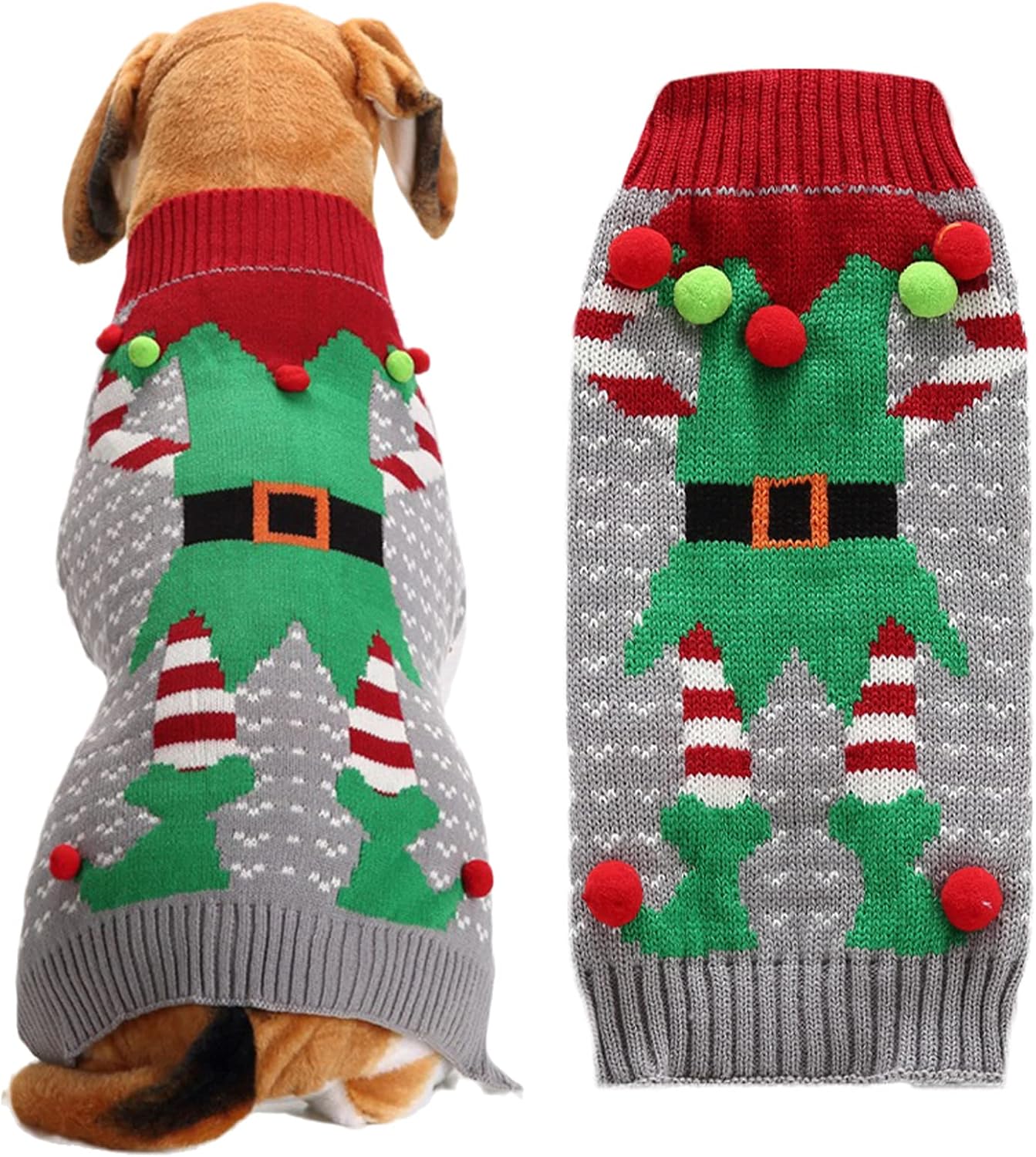 ABRRLO Dog Christmas Jumper Ugly Elf Outfits Grey Xmas Pet Sweater Puppy Cat Holiday Costume New Year Clothes Gift for Small Medium Large Dogs (Gray Elf,L)