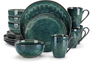 vancasso Dinner Set for 4, Starry Green Dinner Sets, Reactive Glaze Dinnerware Tableware, 16-Piece Dinner Service with 10.5in Dinner Plate, 8.5in Dessert Plate, 720ml Bowl and 360ml Mug