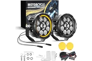 BraveWAY 4.5 Pouces Feux Additionnels Moto Phare, 140W 16000LM 7 Modes Stroboscopiques Nouvelle Version DRL Ambré, Comprend Un Plastron Ambré, Un Faisceau De Câbles Et Deux Supports De Montage