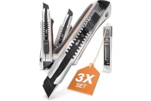 CRAFTUS® Profi Cuttermesser Set [3 Stück] aus Aluminium für Maximale Lebensdauer, Robuste Teppichmesser inkl. 10 SK5 Carbonstahl Abbrechklingen 18mm, für Heimwerker & Gewerbe
