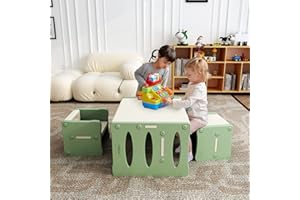 ‎BANASUPER BanaSuper Tisch und Stuhlset für Kinder Kinderschreibtisch aus Kunststoff mit 2 Hockern Multifunktions Möbelset für Kleinkinder Zuhause Schule Kindergarten (Grün Grau)