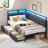 DICTAC Upholstered Bed Sofa Bed 90 x 190 cm with LED Lighting and USB Socket, Youth Beds with 2 Storage Drawers, Bed Frame 90